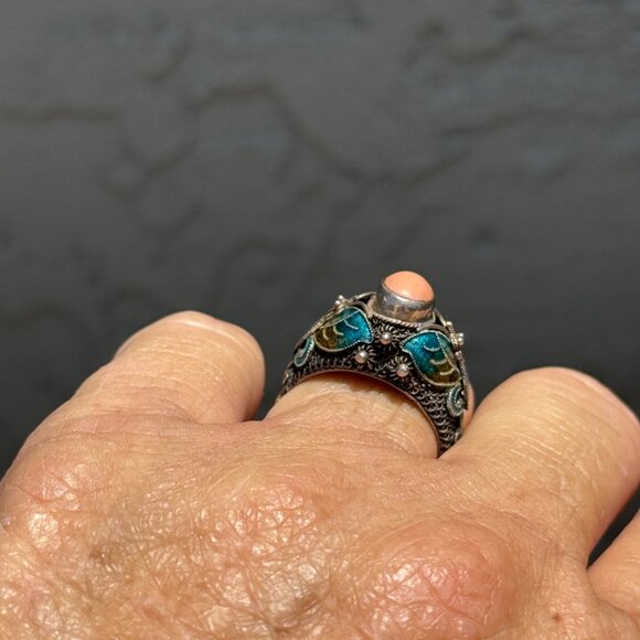 Vintage Sterling Silver Chinese Export Coral Cloisonné Ring 9 - Picture 9 of 10